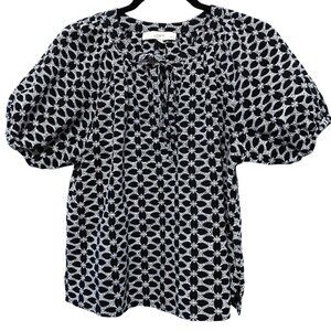 LOFT Black White Floral Embroidered Puff Short Sleeve Top LP